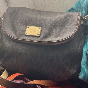 Michael Kors Dark Brown Logo Crossbody with Gold Plate
